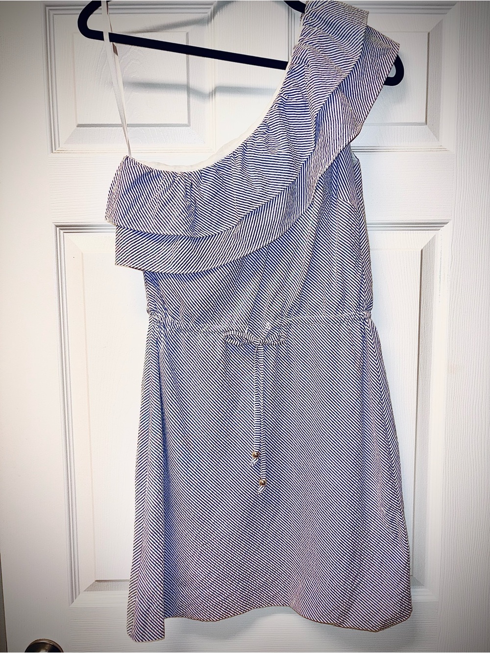 Women’s One-Shoulder Ruffled Dress in Light Blue Stripes